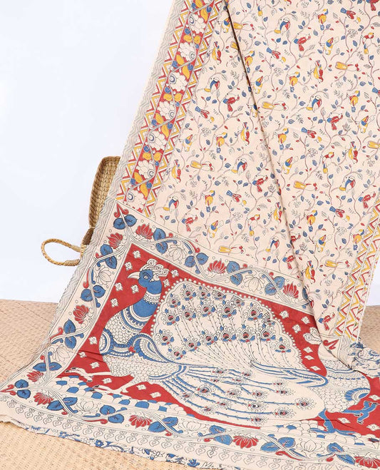 Cream floral & bird machine-printed kalamkari cotton saree, contrast floral & chevron border & peacock motifs pallu