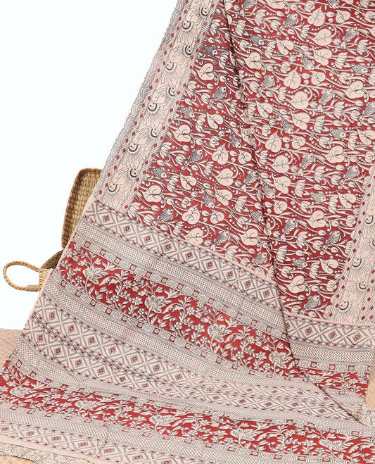 Red unique floral machine-printed kalamkari cotton saree, floral design border & floral & geometric pallu