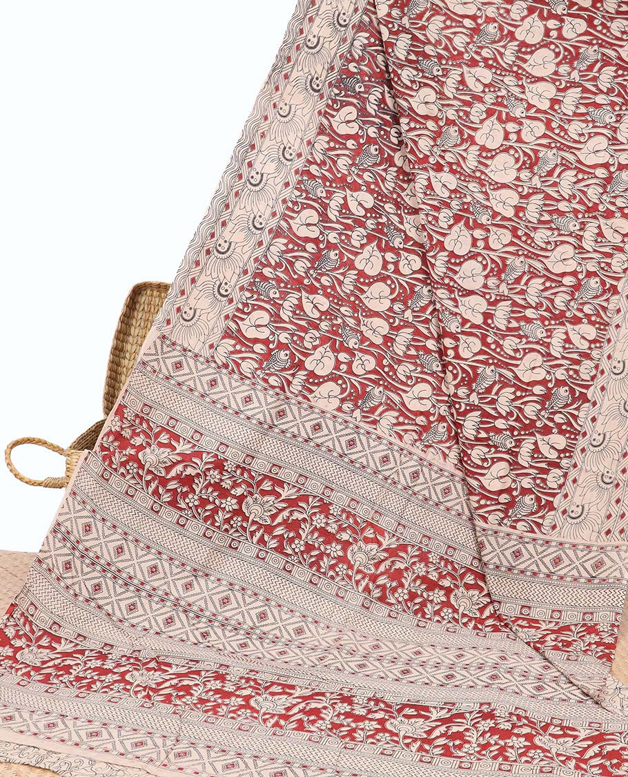 Red unique floral machine-printed kalamkari cotton saree, floral design border & floral & geometric pallu