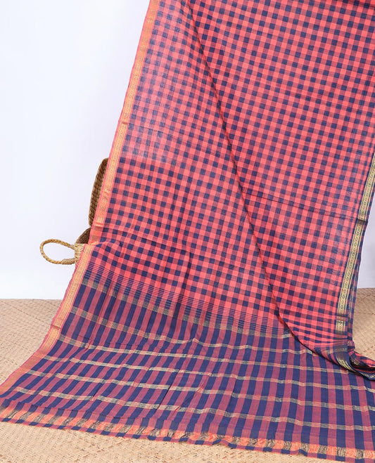 Multi color medium checked Andhra cotton saree, self-border & striped pallu
