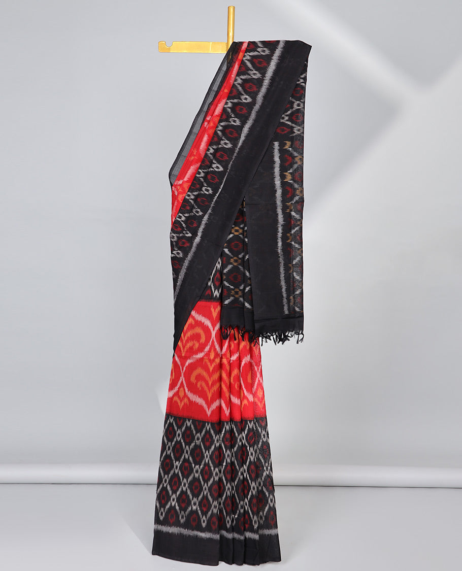 black and red argyle design ikkat cotton saree with self plain border & argyle design pallu