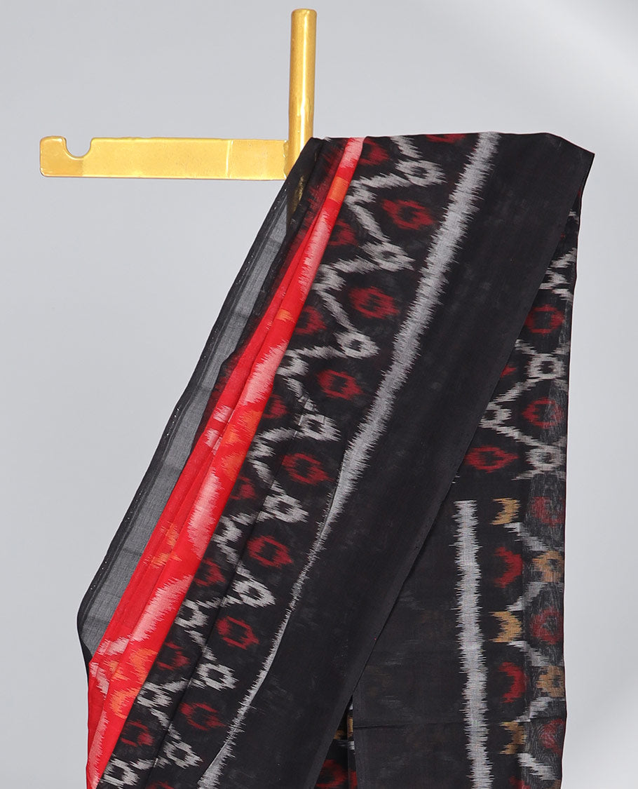 black and red argyle design ikkat cotton saree with self plain border & argyle design pallu