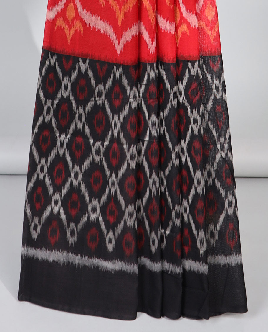 black and red argyle design ikkat cotton saree with self plain border & argyle design pallu
