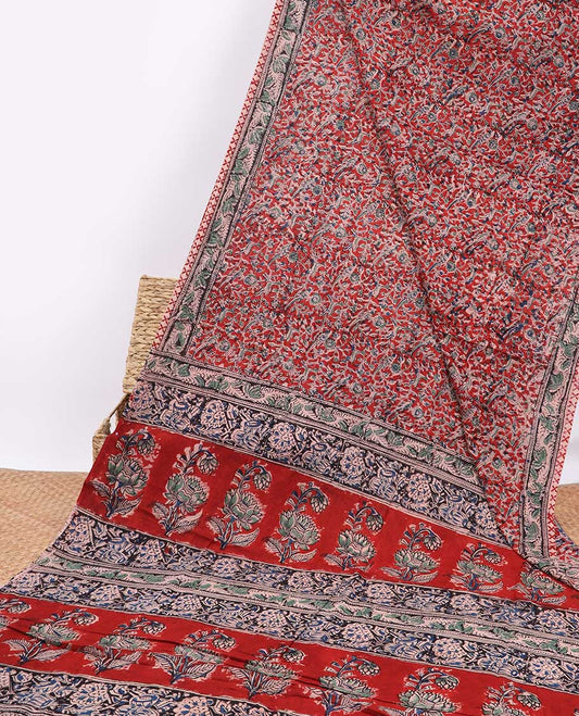 Red floral design machine-printed kalamkari cotton saree with contrast floral border & intricate floral design pallu