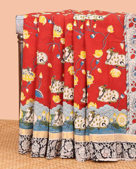 Red pichwai design machine-printed kalamkari cotton saree with contrast floral desig & pichwai theme human design pallu