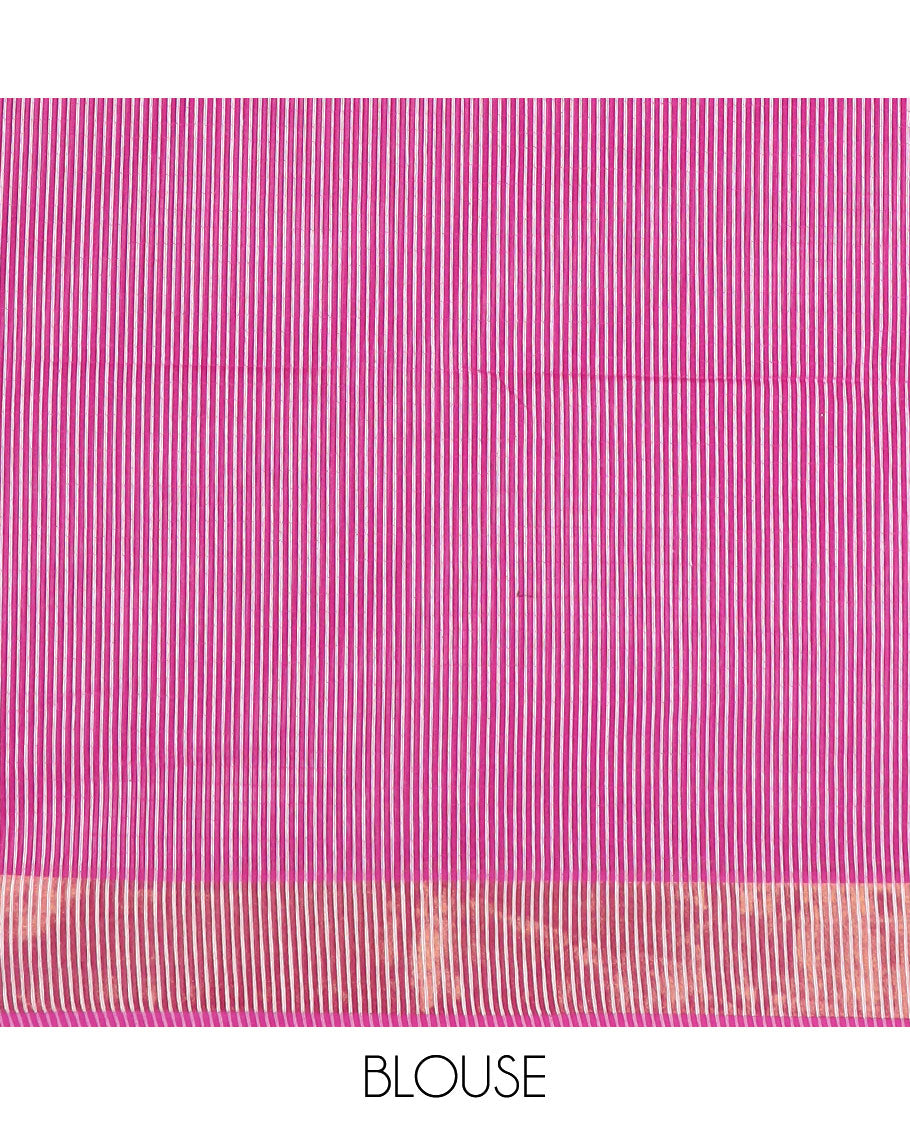 Rani pink striped jute cotton saree, zari border, and striped pallu