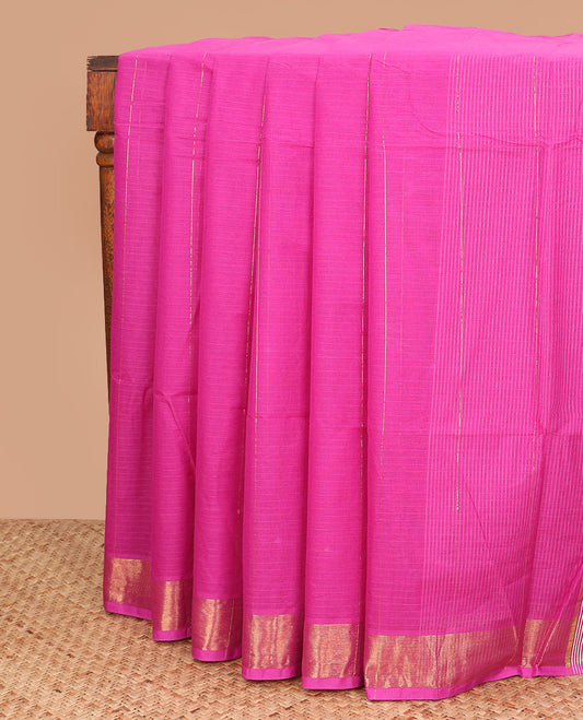 Rani pink striped jute cotton saree, zari border, and striped pallu