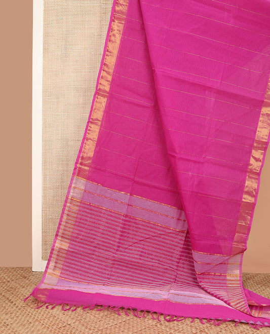 Rani pink striped jute cotton saree, zari border, and striped pallu