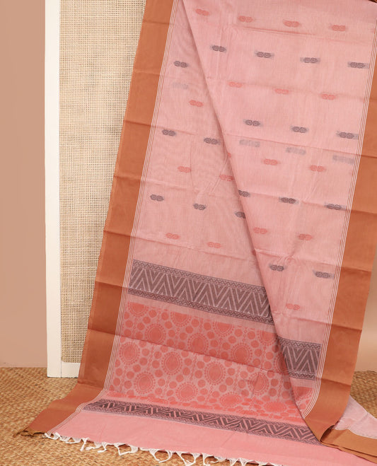 Pink buttas Kanchi cotton saree, contrast plain border, and pallu of geometric patterns