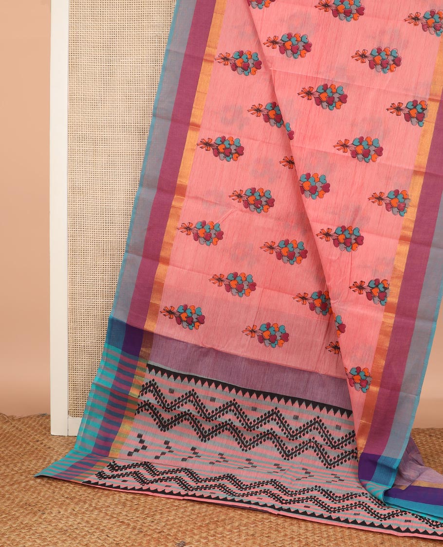 Pink heart ballon bouquet printed Chirala cotton saree, contrast border and pallu of geometric print