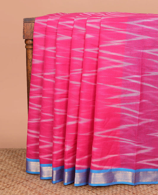 Pink Chevron Striped Mangalagiri Cotton Saree Complemented by Contrast Traditional Zari Design Border, and Pallu Featuring the Same Chevron Striped Design