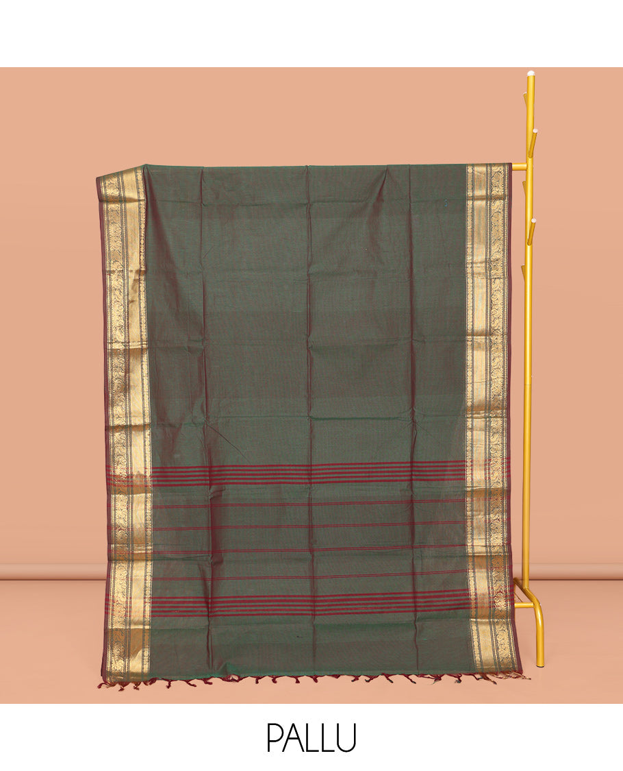 Green Plain Chettinad Cotton Saree, Complemented by a Contrast Traditional Zari Design Border, Subtly Striped Pallu, and Paired with a Matching Blouse