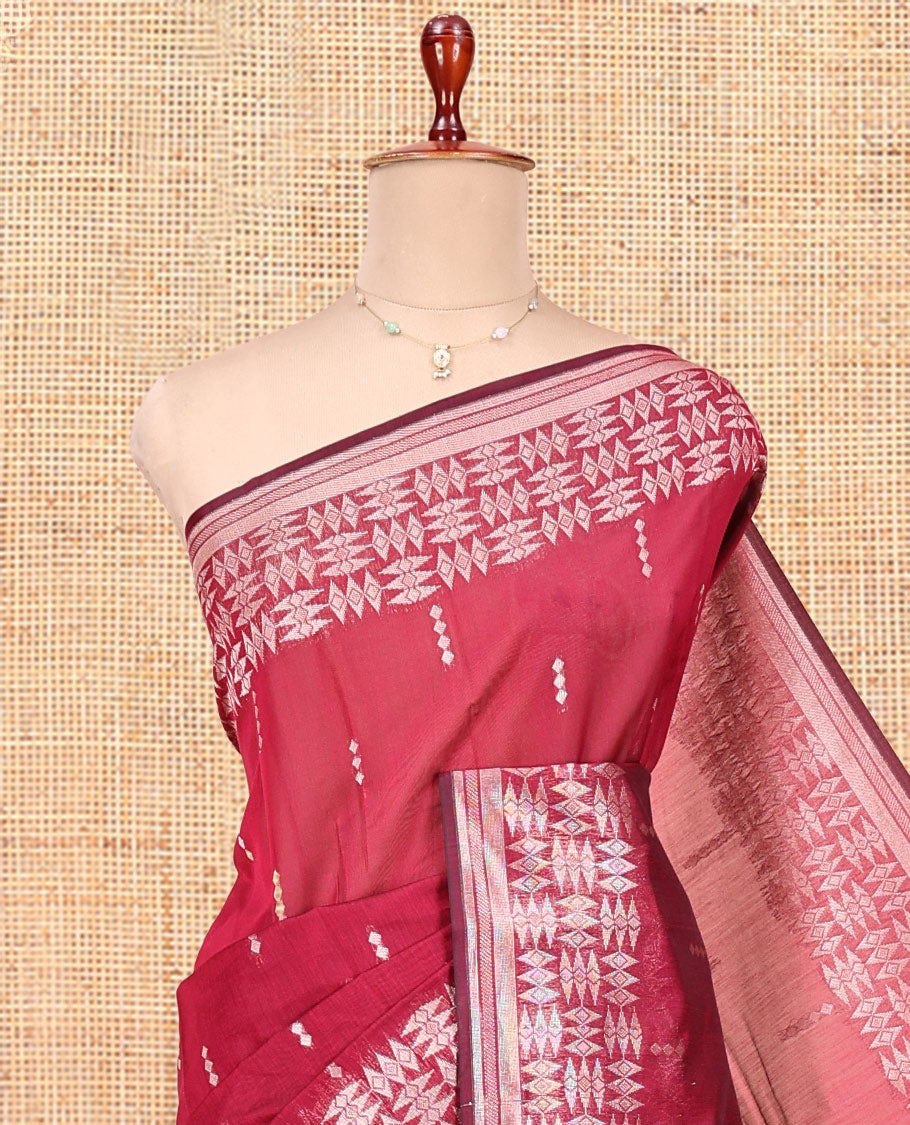Red Semi-Silk Cotton Saree, Accentuated with Buttas All Over Its Body, Highlighted by a Zari Border of Geometric Designs, Pallu of Geometric Designs, and Paired with a Matching Blouse