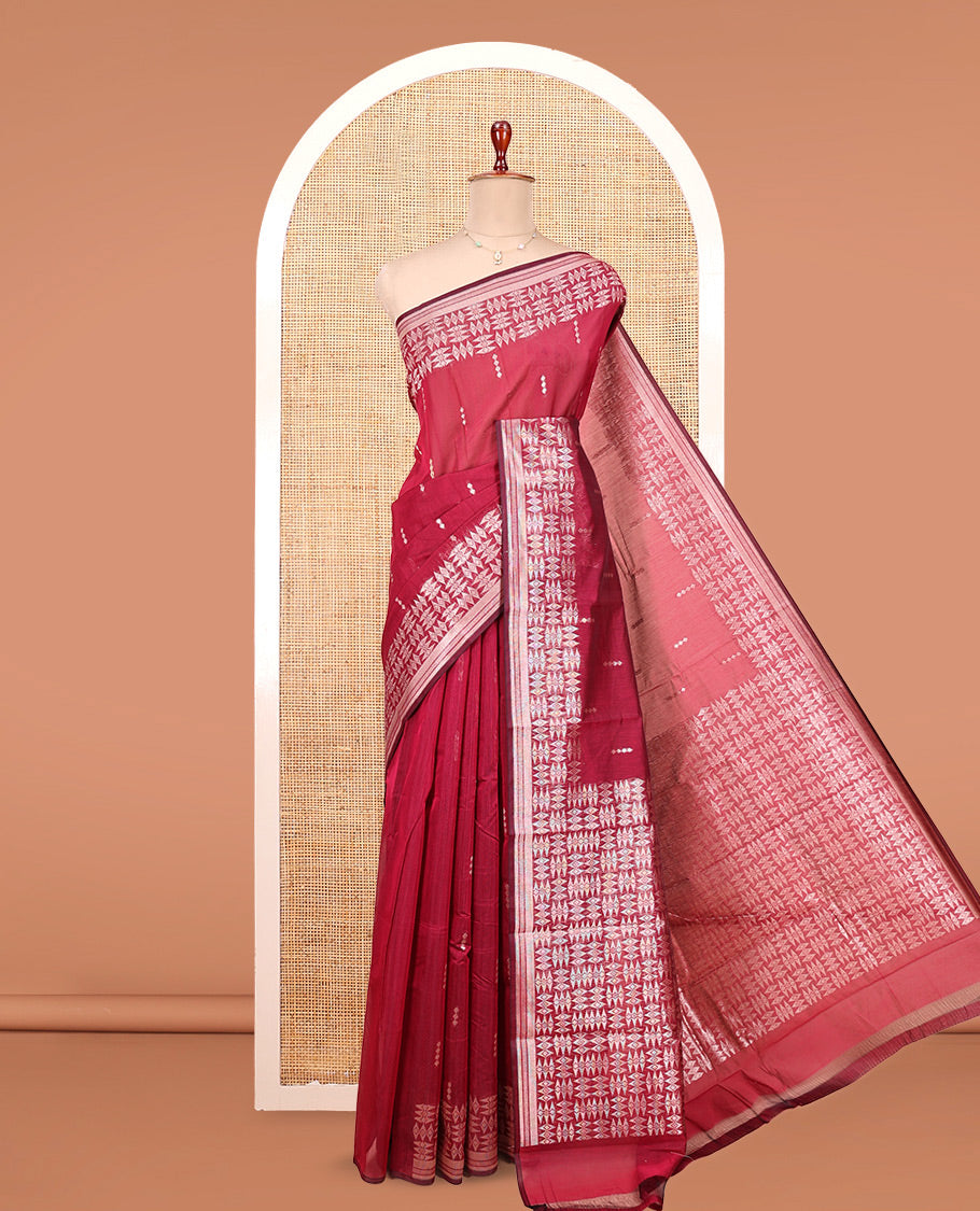 Red Semi-Silk Cotton Saree, Accentuated with Buttas All Over Its Body, Highlighted by a Zari Border of Geometric Designs, Pallu of Geometric Designs, and Paired with a Matching Blouse