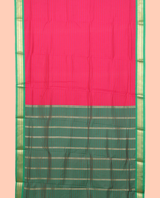 Pink Striped Nine Yard Cotton Saree, Complemented by Contrast Traditional Zari Border, Pallu of Stripes, and Comes Without a Blouse