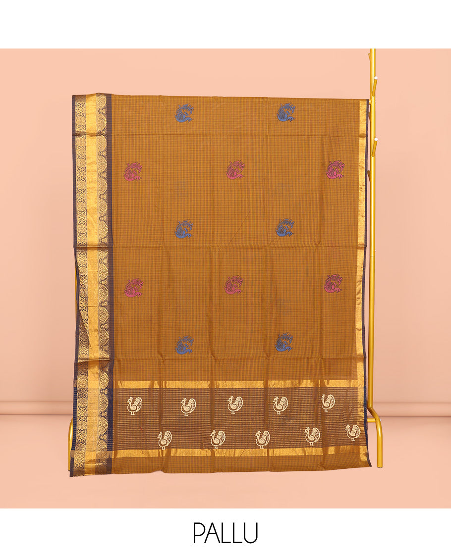 Mustard Venkatagiri Cotton Saree, Detailed with Peacock Buttas and Checks, a Contrast Traditional Zari Border, Pallu of Peacock Buttas and Stripes, and No Blouse
