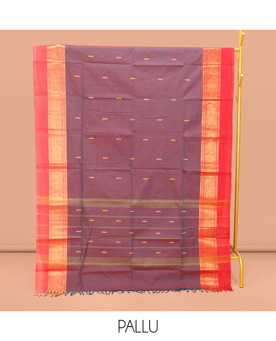 Wine Chettinad Cotton Saree, Ornamented with Thread Buttas All Over Its Body, Complemented by a Contrast Ganga-Jamuna Kal Eragina Border of Kodi Peacock and Elephant Designs, Pallu of Buttas and Stripes, and Paired with a Matching Blouse