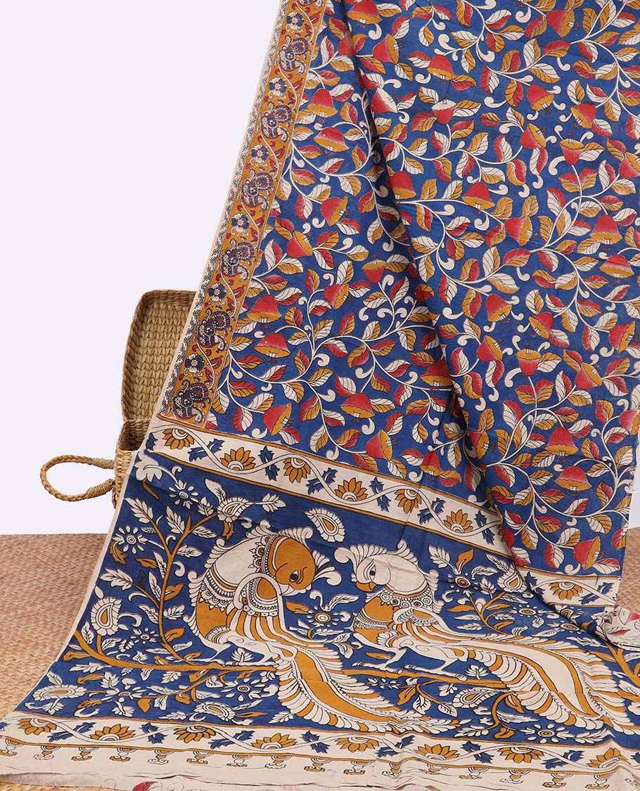 Blue leaf vine design machine printed kalamkari cotton saree with contrast animal motif border & animal design pallu