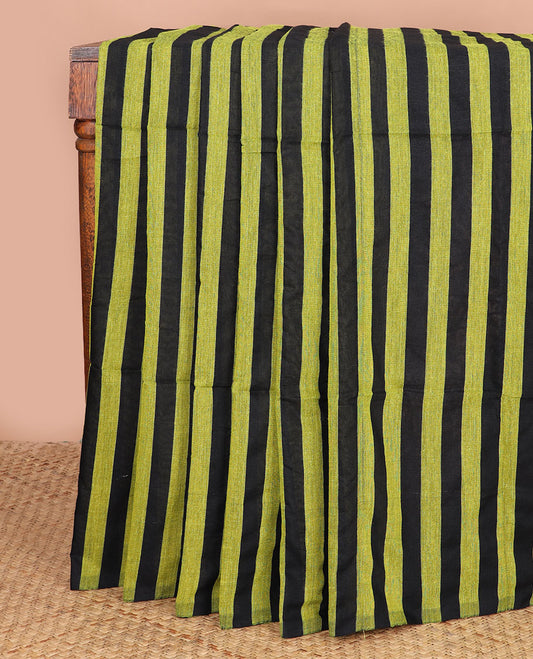 Borderless black & parrot green color striped Kadhi cotton saree, plain design pallu