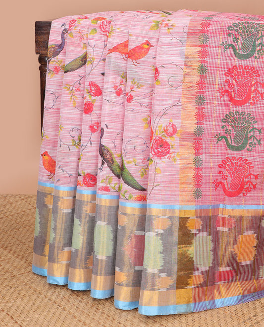 Pink floral, bird motifs chirala cotton saree with contrast round motifs border & peacock design pallu