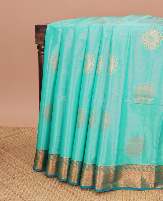 Cyan round motifs semisilk cotton saree with contrast zari designb order & geometric design pallu