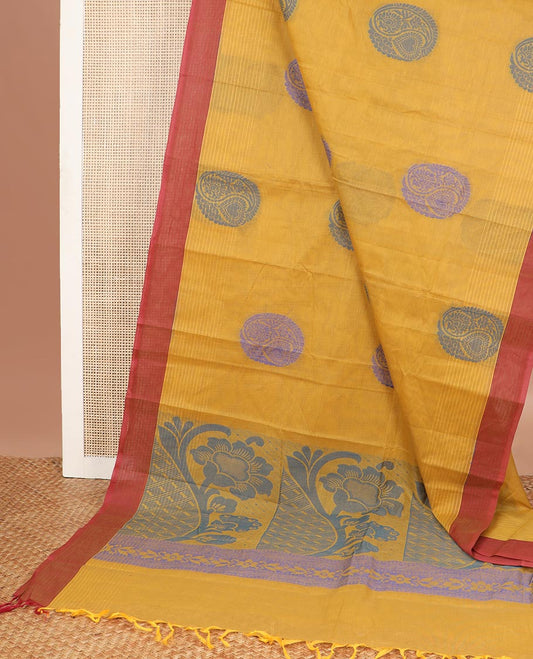 Yellow  floral motifs kanchi cotton saree with contrast border & floral design pallu