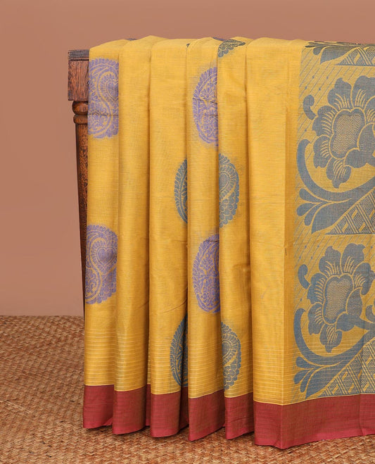 Yellow  floral motifs kanchi cotton saree with contrast border & floral design pallu