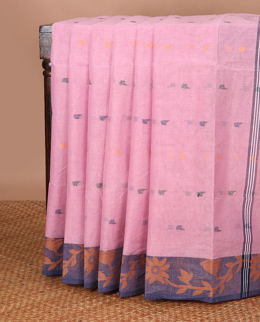 Pink motifs bengal cotton saree with contrast floral design border & striped, floral motifs pallu