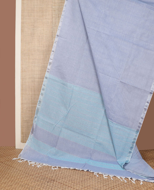 Pastel blue plain design jute cotton saree, zari border & contrast striped pallu