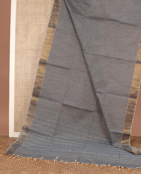 Grey horizontally striped jute cotton saree, zari border and striped pallu