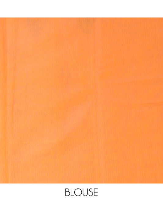 Borderless orange buttas & temple design semi-silk cotton saree,  pallu flanked by temple & geometric design