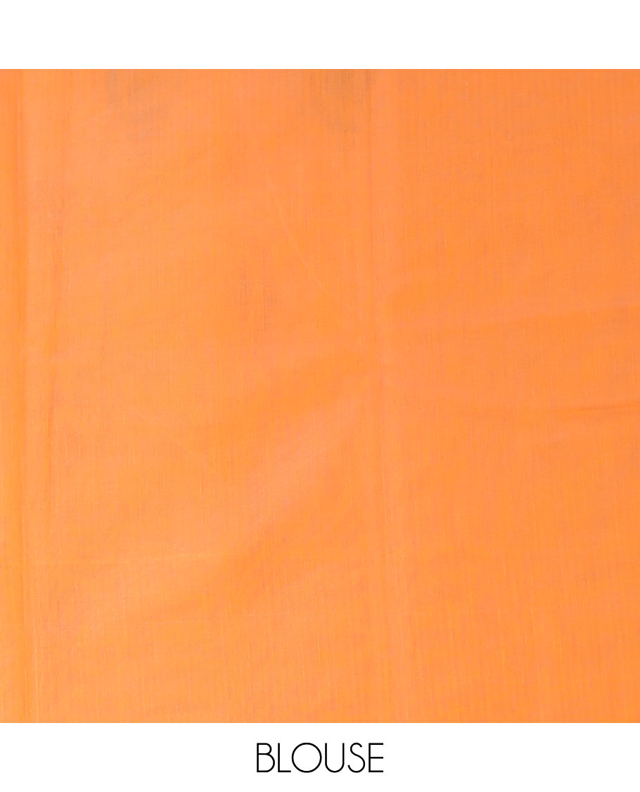 Borderless orange buttas & temple design semi-silk cotton saree,  pallu flanked by temple & geometric design