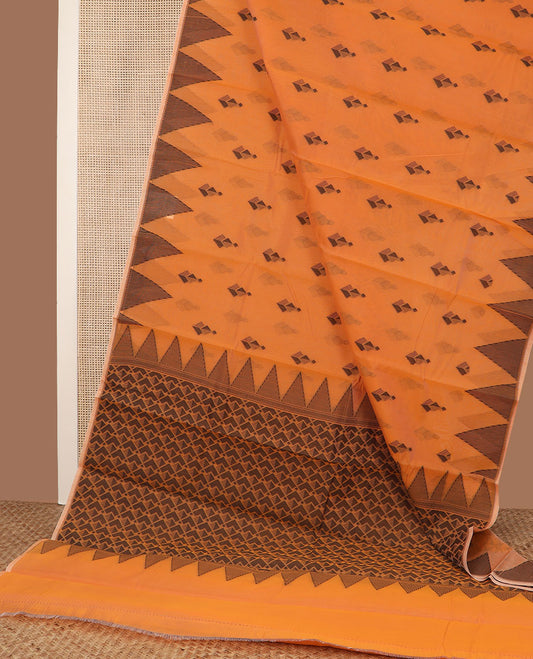Borderless orange buttas & temple design semi-silk cotton saree,  pallu flanked by temple & geometric design