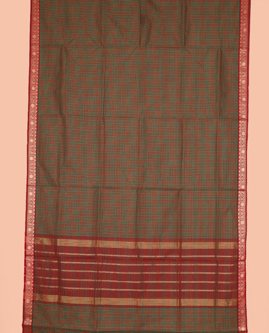 Multi-color checked nine-yard cotton saree,  traditional motifs woven border, and striped pallu