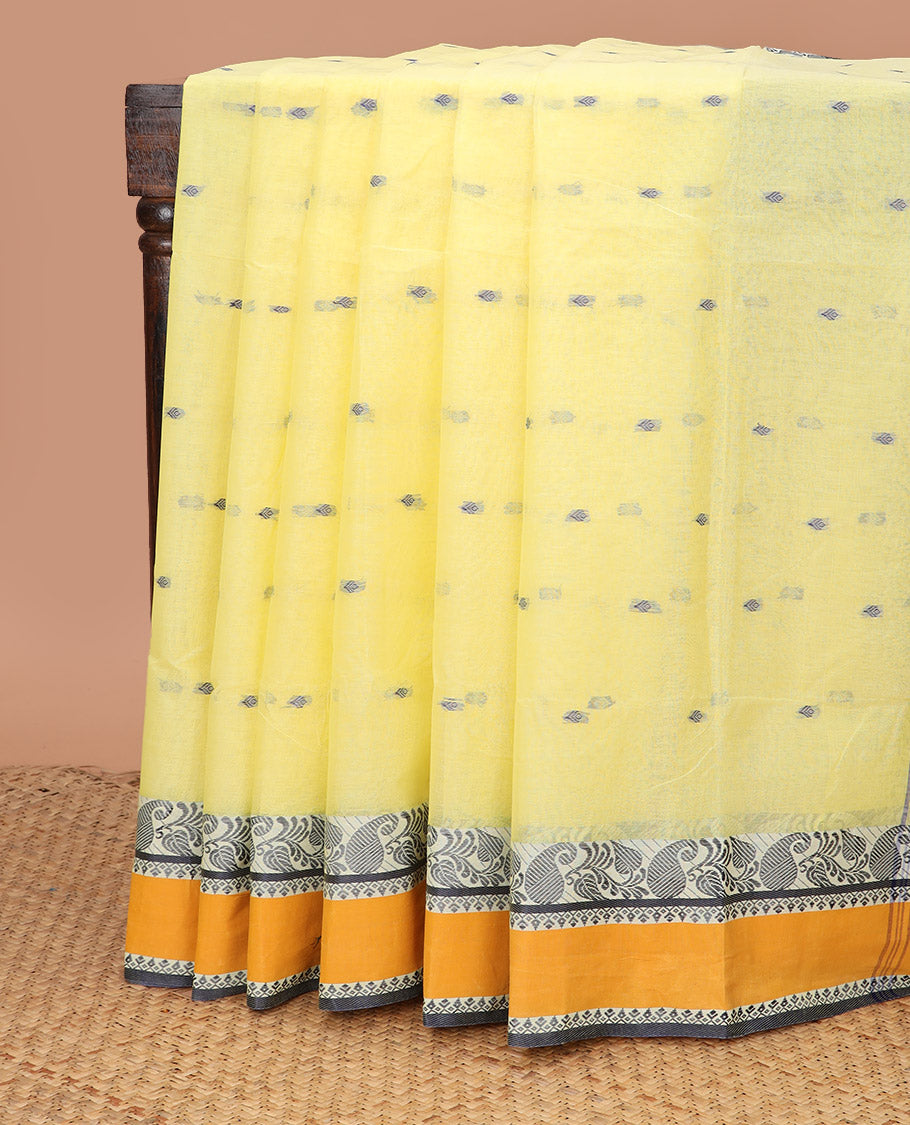 Lemon yellow thread buttas woven Bengal cotton saree, contrast rettai pettu border of paisleys, and striped pallu