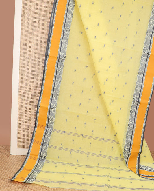 Lemon yellow thread buttas woven Bengal cotton saree, contrast rettai pettu border of paisleys, and striped pallu