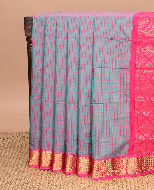 Blue dual-tone micro checked chirala cotton saree, contrast traditional zari border, and zari design pallu
