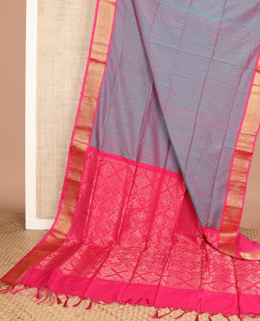 Blue dual-tone micro checked chirala cotton saree, contrast traditional zari border, and zari design pallu