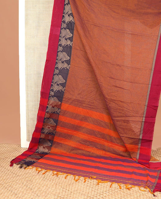 Honey color plain Narayanapet cotton saree, contrast wedding themed border, and striped pallu