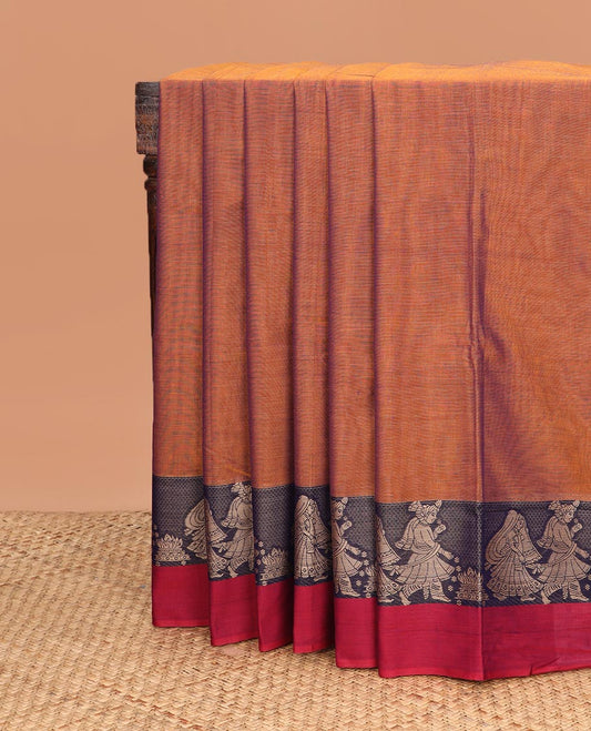 Honey color plain Narayanapet cotton saree, contrast wedding themed border, and striped pallu