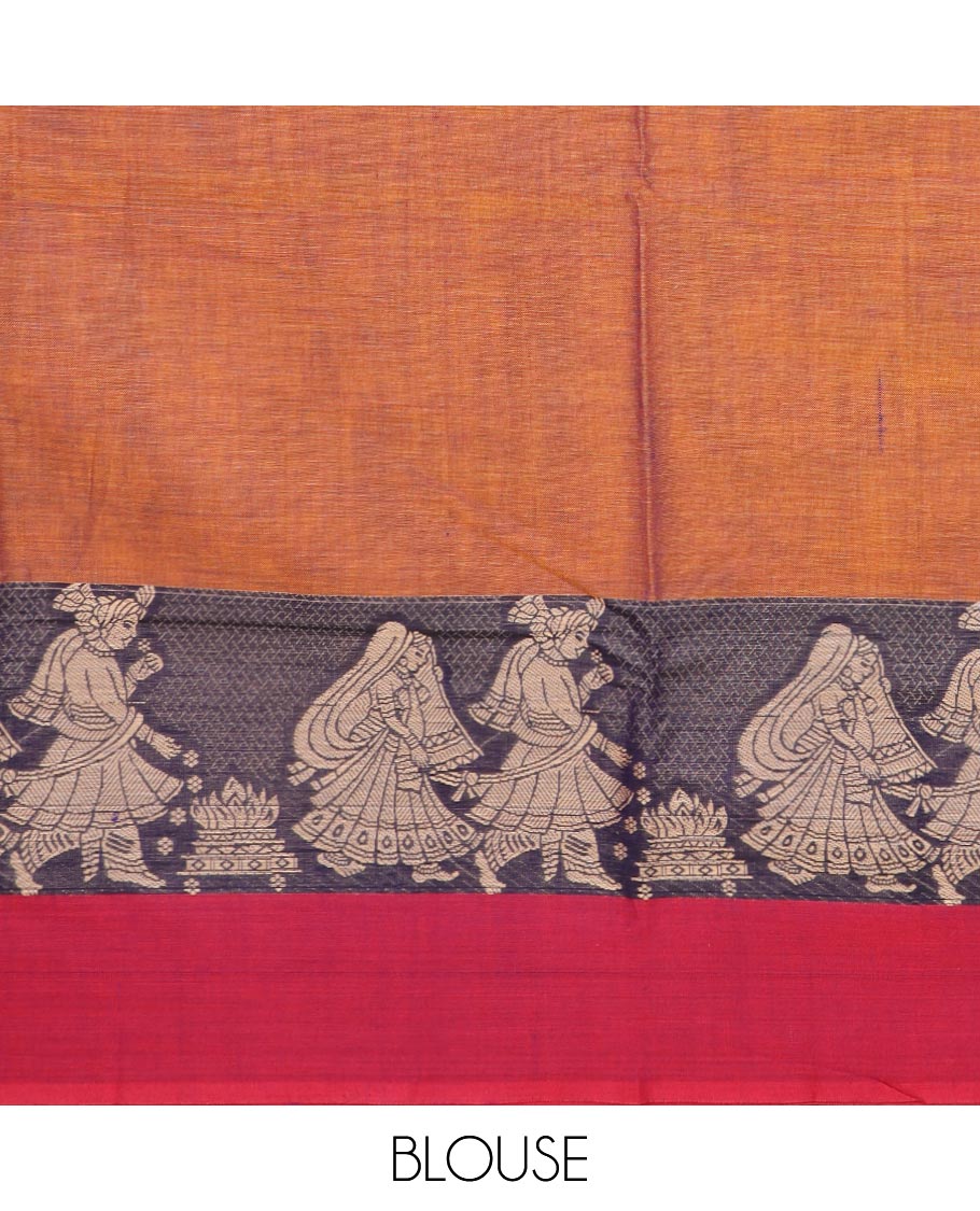 Honey color plain Narayanapet cotton saree, contrast wedding themed border, and striped pallu