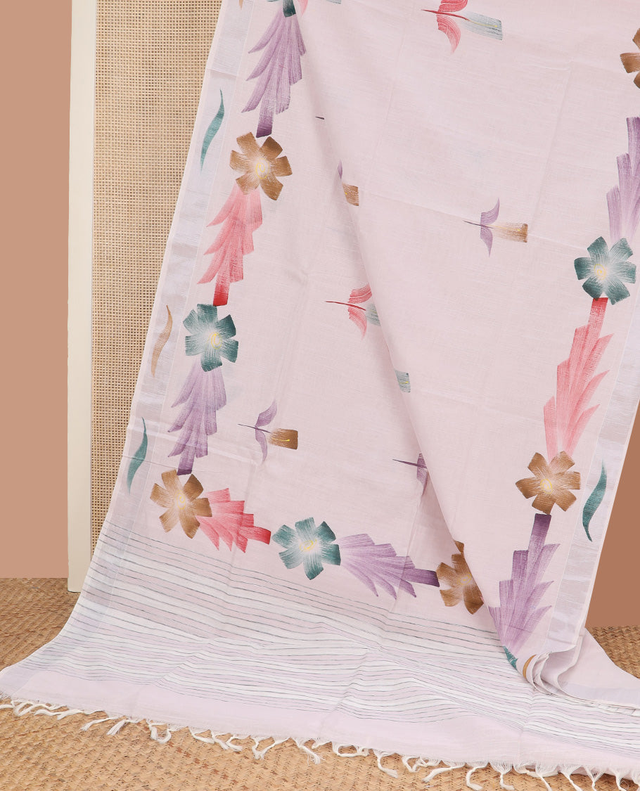 Pastel pink hand brushing style colorful floral printed jute cotton saree, zari with printed border, and striped pallu