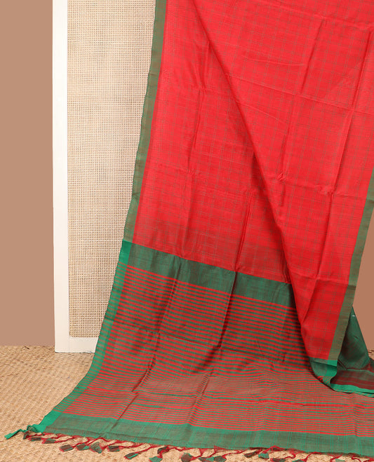 Red checked Mangalagiri Cotton saree, contrast border, and striped pallu