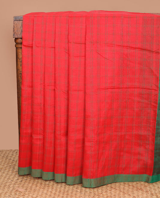 Red checked Mangalagiri Cotton saree, contrast border, and striped pallu