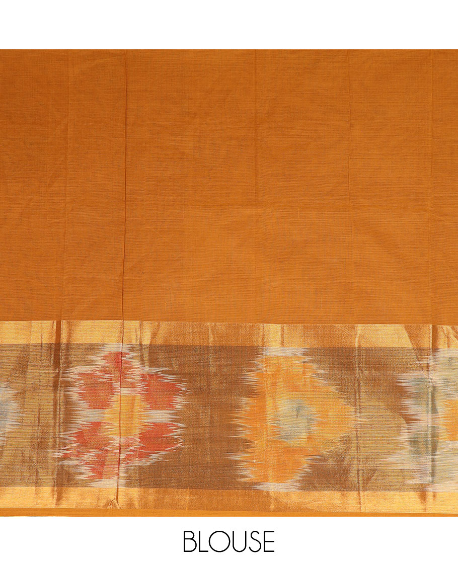 Mustard warli motifs printed Andhra cotton saree, ikkat zari border, and pallu of warli print