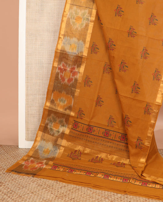 Mustard warli motifs printed Andhra cotton saree, ikkat zari border, and pallu of warli print