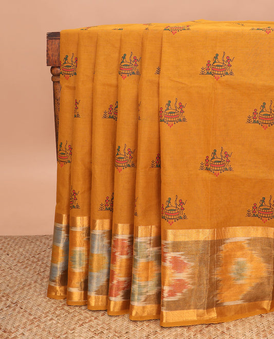 Mustard warli motifs printed Andhra cotton saree, ikkat zari border, and pallu of warli print