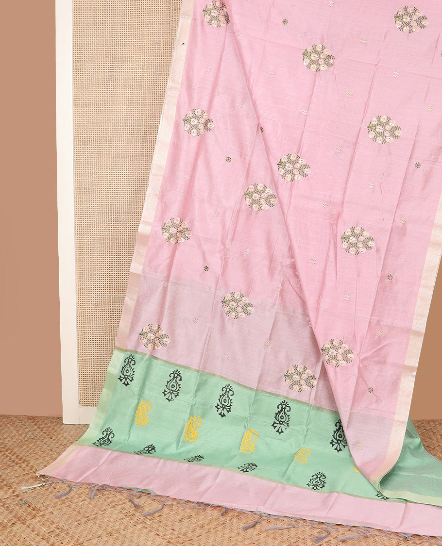 Pink checked with floral embroidered chirala cotton saree, plain border, and contrast striped pallu