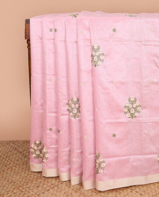Pink checked with floral embroidered chirala cotton saree, plain border, and contrast striped pallu