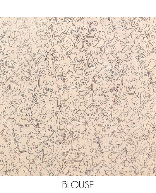 Multi-color floral and Pichwai cow butta enclosed checked machine-printed cotton saree, contrast floral and geometric motif border, and pallu of floral and geometric patterns